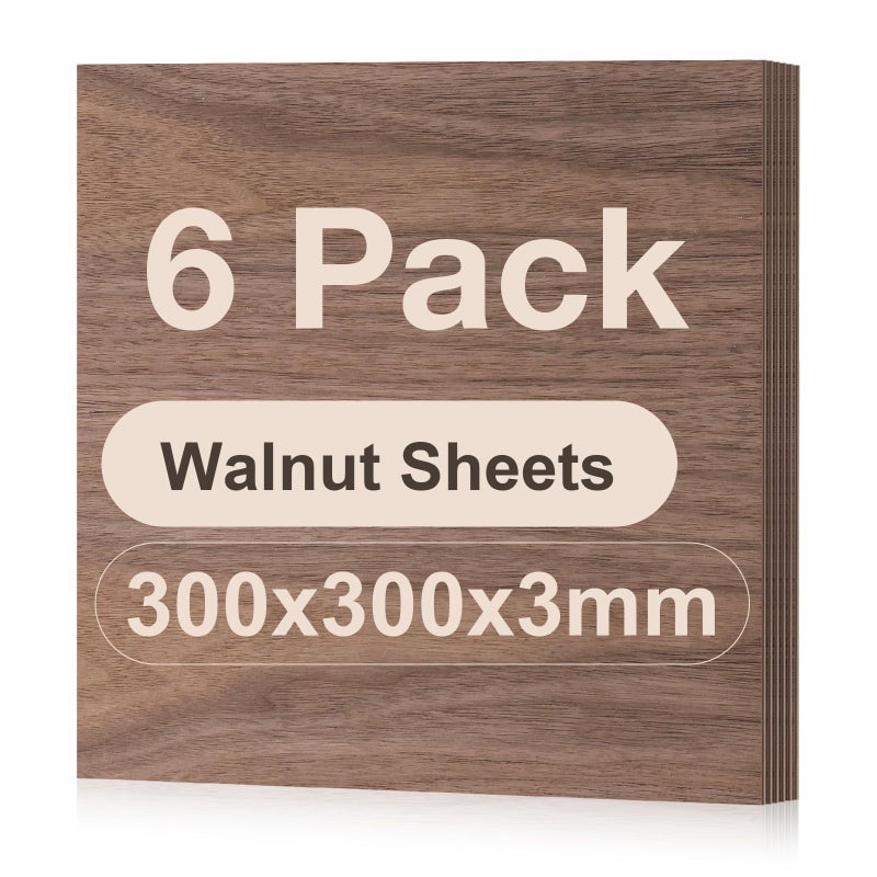 ROBOTIME 3mm Walnut Plywood Sheets Cut to Size 3030 CM 6 Pack Wood Burning Model Making Laser Ply Material Thin Wood Sheets for Craft Projects
