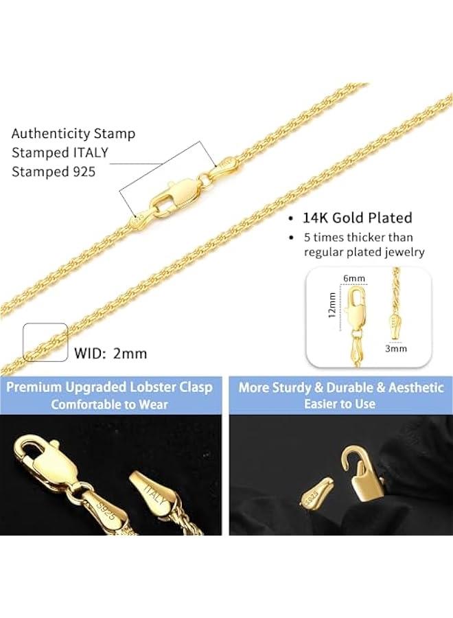 عربست جويل بير سلسلة حبل ايطالية 2 ملم من الفضة الاسترلينية 925 للنساء والرجال، سلسلة مطلية بالذهب عيار 14 قيراط للنساء، قلادات سلسلة متينة للنساء، 16 18 20 22 24 26 انش - Image 3