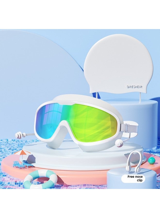 Swimming Goggles Waterproof Anti-Fog HD Myopia Men's And Women's Large Frame Swimming Glasses Drifting Goggles Swimming Cap Swimming Goggles Suit-Color:Electroplated White - Bagged + Silicone Swimming Cap - Flat