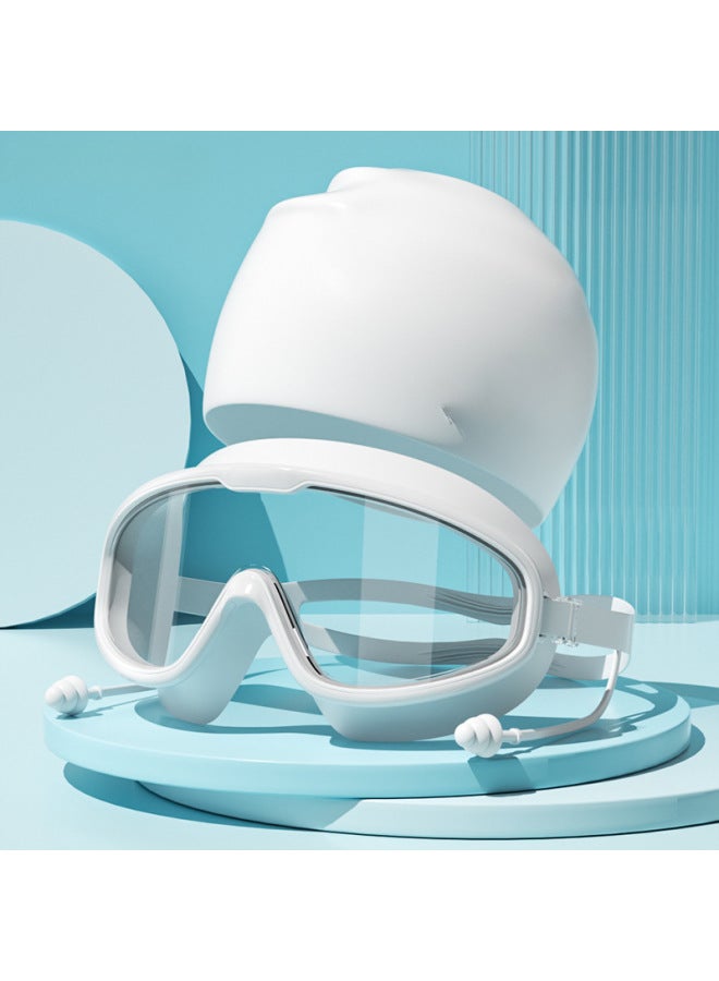 Swimming Goggles Waterproof Anti-Fog HD Myopia Men's And Women's Large Frame Swimming Glasses Drifting Goggles Swimming Cap Swimming Goggles Suit-Color:Electroplated White - Bagged + Silicone Swimming Cap - Flat