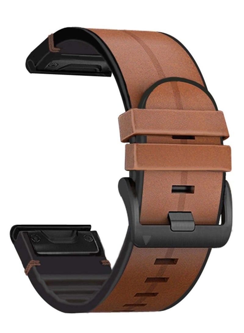 SYOSI Watch Strap for Garmin Fenix 6X/ 5X/ 6/5, 26mm Soft Genuine Leather Hybrid Silicone Sweat Resistant Wristband, Quick and Easy Fit, Sweat Resistant (Brown) - Image 1