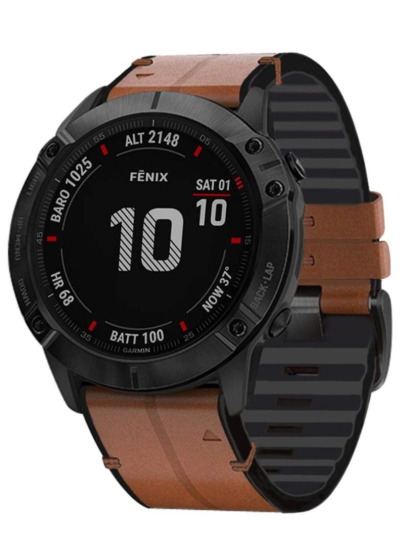 SYOSI Watch Strap for Garmin Fenix 6X/ 5X/ 6/5, 26mm Soft Genuine Leather Hybrid Silicone Sweat Resistant Wristband, Quick and Easy Fit, Sweat Resistant (Brown) - Image 4