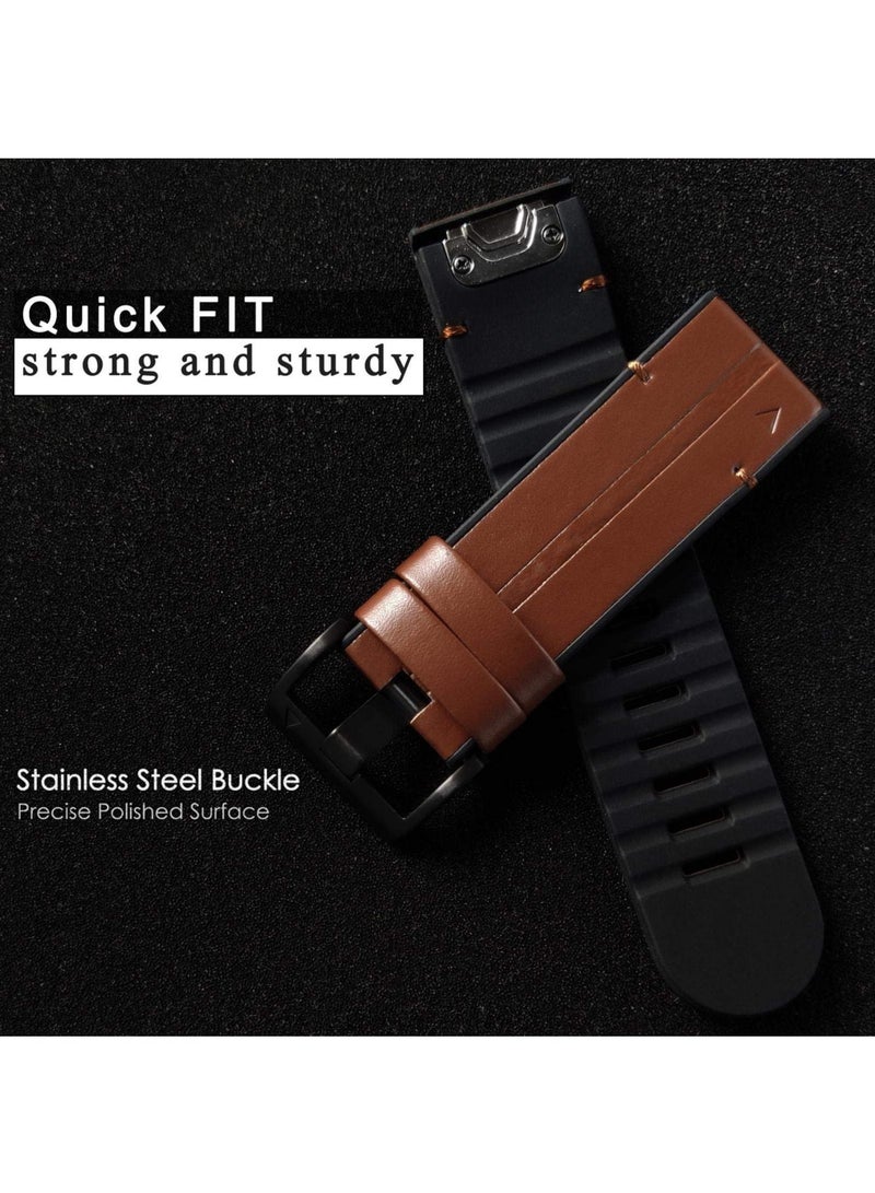 SYOSI Watch Strap for Garmin Fenix 6X/ 5X/ 6/5, 26mm Soft Genuine Leather Hybrid Silicone Sweat Resistant Wristband, Quick and Easy Fit, Sweat Resistant (Brown) - Image 5