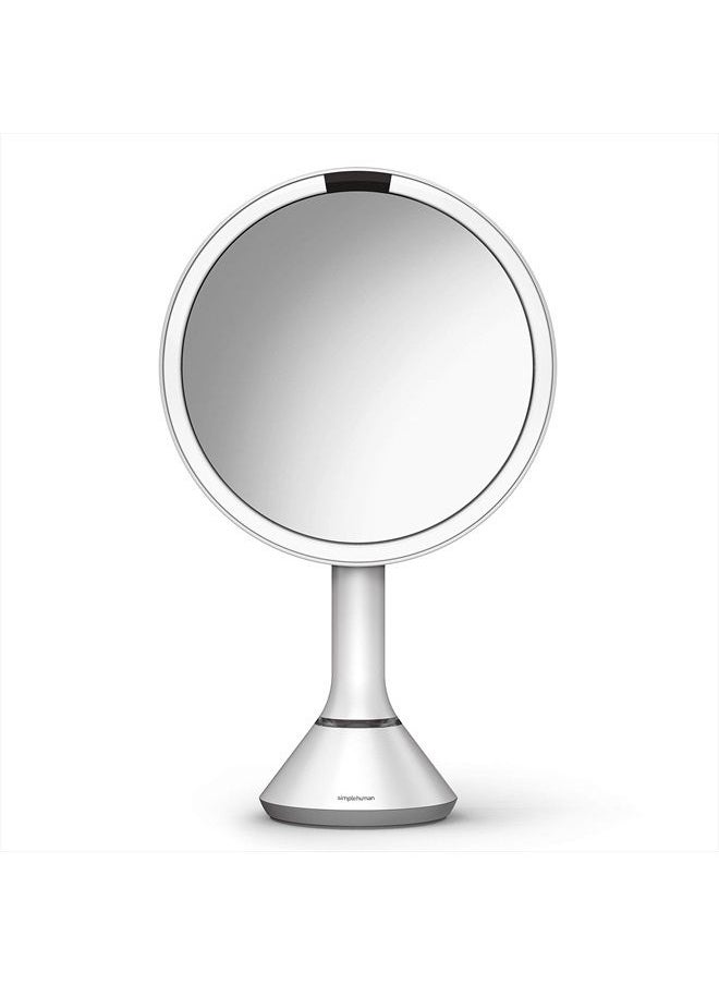 simplehuman Tabletop Mount 8" Round Sensor Makeup Mirror with Touch-Control Dual Light Settings, 5X Magnification, Rechargeable and Cordless, White Stainless Steel  - Image 1
