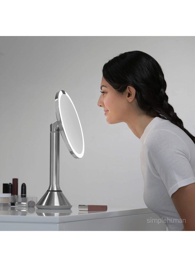 simplehuman Tabletop Mount 8" Round Sensor Makeup Mirror with Touch-Control Dual Light Settings, 5X Magnification, Rechargeable and Cordless, White Stainless Steel  - Image 3