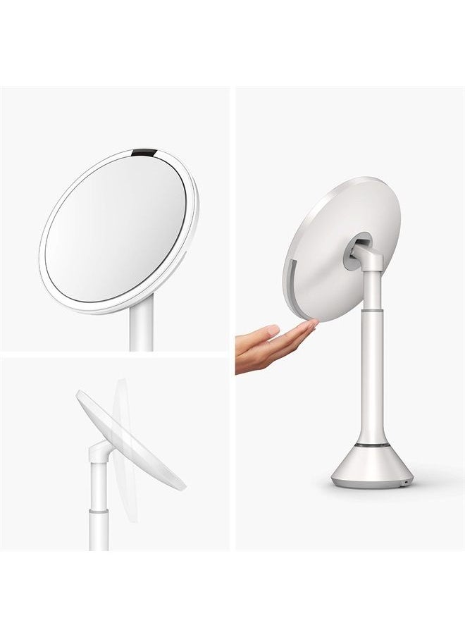 simplehuman Tabletop Mount 8" Round Sensor Makeup Mirror with Touch-Control Dual Light Settings, 5X Magnification, Rechargeable and Cordless, White Stainless Steel  - Image 2