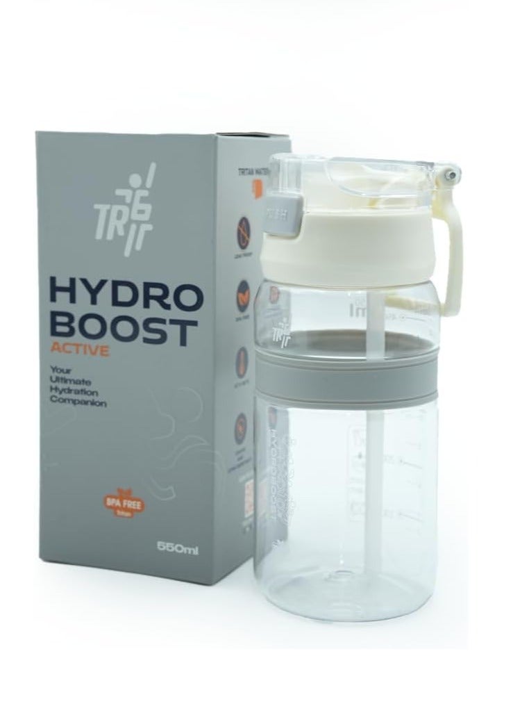 TR6 Hydra Boost Active Clear 550ml Water Bottle, BPA Free, Leak Proof Clear Tritan, Push-Top Cap with Straw and Handle, Lightweight, Shatter Resistant, Odor Free, Ideal for Kids, Office, Gym, and Everyday Use (White)