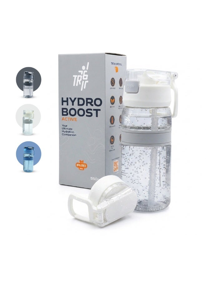 TR6 زجاجة مياه TR6 Hydra Boost Active سعة 550 مل، خالية من مادة BPA، مصنوعة من مادة Tritan الشفافة المقاومة للتسرب، مزودة بغطاء دفع مع شفاطة ومقبض، خفيفة الوزن ومقاومة للكسر وخالية من الروائح، مثالية للأطفال في المكتب والصالة الرياضية والاستخدام اليومي (أبيض) - Image 1