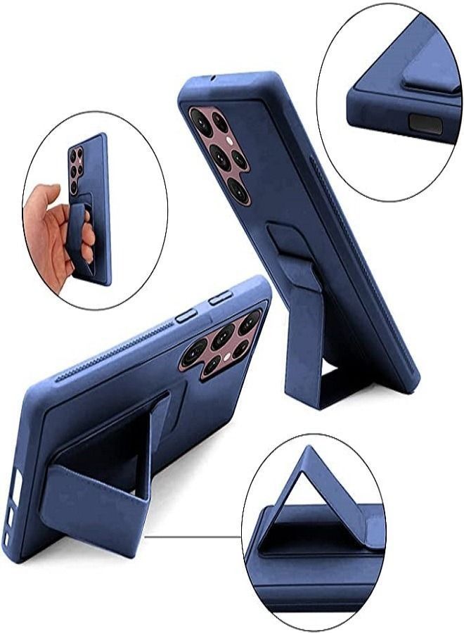 Samsung Galaxy S22 Ultra - غطاء سيليكون جديد بمقبض إصبع 2 في 1 وحامل هاتف - أزرق - Image 2