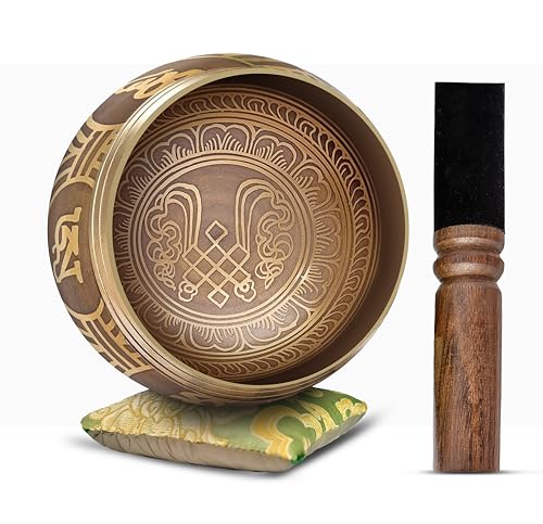 Tibetan Singing Bowl Set Easy To Play Authentic Handcrafted For Meditation Sound Bowl Chakra Yoga Healing 4 Inches By Himalayan Bazaar Gold Green