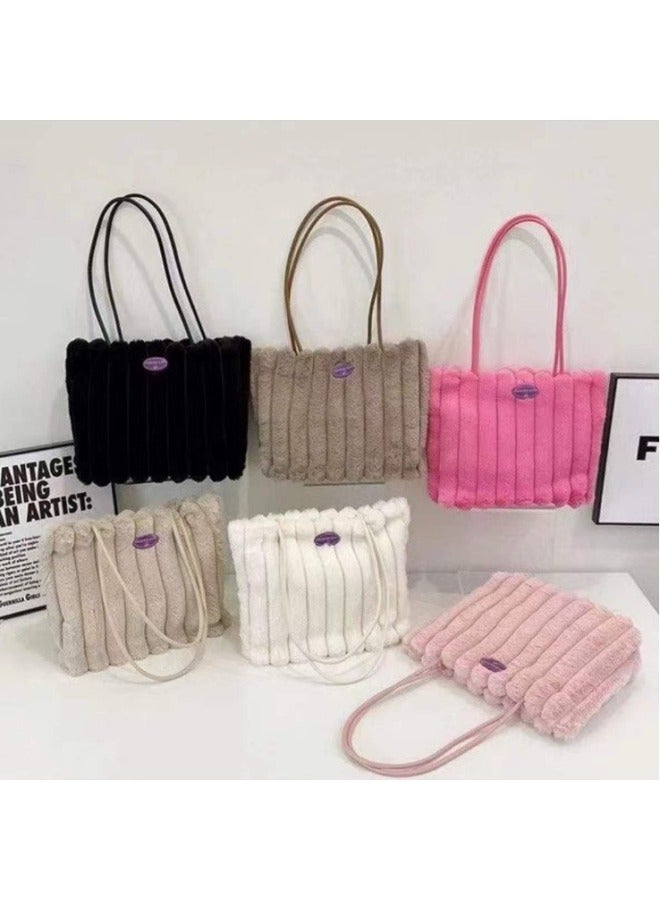 Autumn And Winter Plush Velvet Bag Women's 2024 Class Work Clothing Large Bag Casual Shoulder Bag Large Capacity Tote Bag-Color:cream White-Size:Width 32cm, Height 24cm, Thickness 9cm, Shoulder Strap 62cm, Handle Height 27cm  - Image 2
