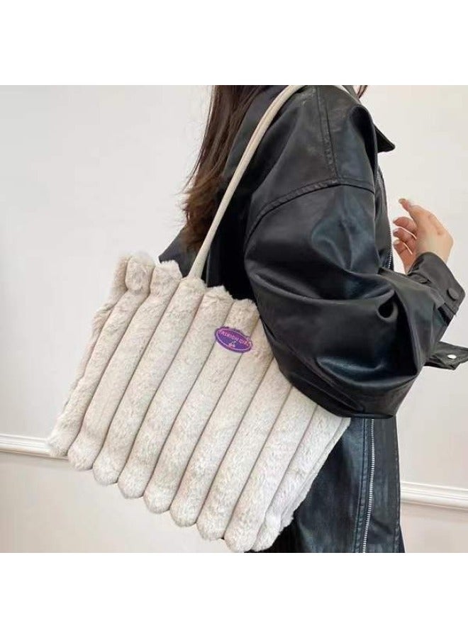 Autumn And Winter Plush Velvet Bag Women's 2024 Class Work Clothing Large Bag Casual Shoulder Bag Large Capacity Tote Bag-Color:cream White-Size:Width 32cm, Height 24cm, Thickness 9cm, Shoulder Strap 62cm, Handle Height 27cm  - Image 3