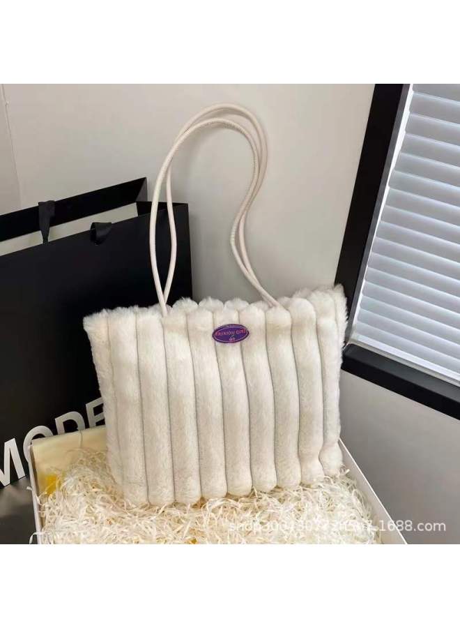 Autumn And Winter Plush Velvet Bag Women's 2024 Class Work Clothing Large Bag Casual Shoulder Bag Large Capacity Tote Bag-Color:cream White-Size:Width 32cm, Height 24cm, Thickness 9cm, Shoulder Strap 62cm, Handle Height 27cm  - Image 1