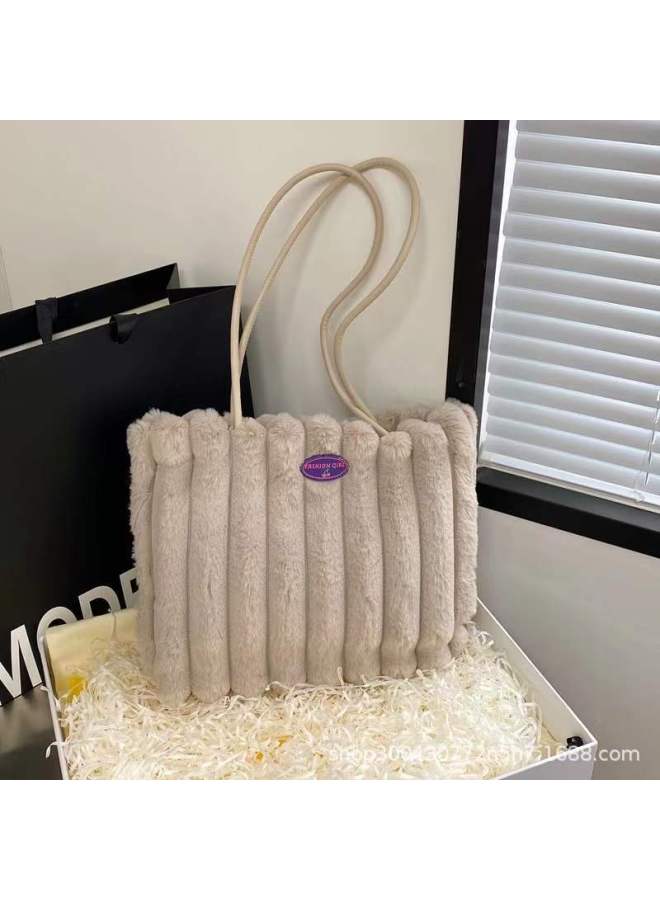 Autumn And Winter Plush Velvet Bag Women's 2024 Class Work Clothing Large Bag Casual Shoulder Bag Large Capacity Tote Bag-Color:cream White-Size:Width 32cm, Height 24cm, Thickness 9cm, Shoulder Strap 62cm, Handle Height 27cm  - Image 5