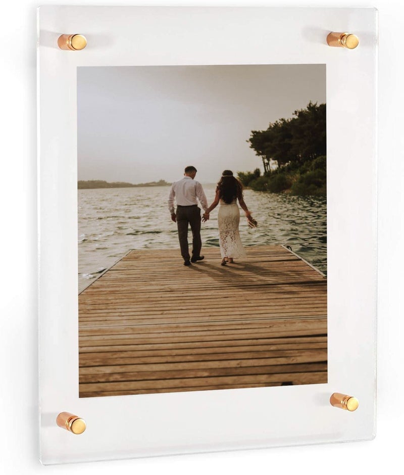 DistinctAndUnique إطارات أكريليك عائمة ذهبية مع دعامات مفردة 8 × 10 إطارات أكريليك شفافة للتعليق على الحائط لإطار الصور العائم دبلوم ملصق شهادة عرض الصور درجة الطباعة الأعمال الفنية الوثائق