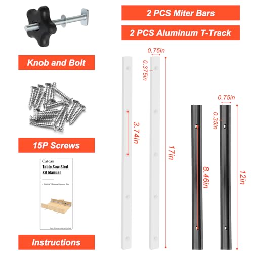Catcan Crosscut Sled Kit for Table Saw Sled Runners Kit with 2 Aluminum TTrack 2 UHMW Miter Bars for Table Saw Knob and Screws - Image 3