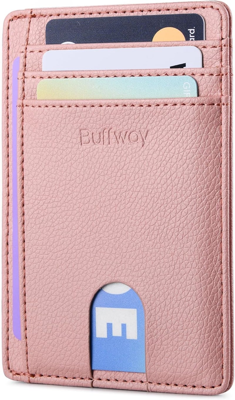 Buffway Slim Minimalist Front Pocket RFID Blocking Leather Wallets for Men and Women - Lichee Pink - Image 1