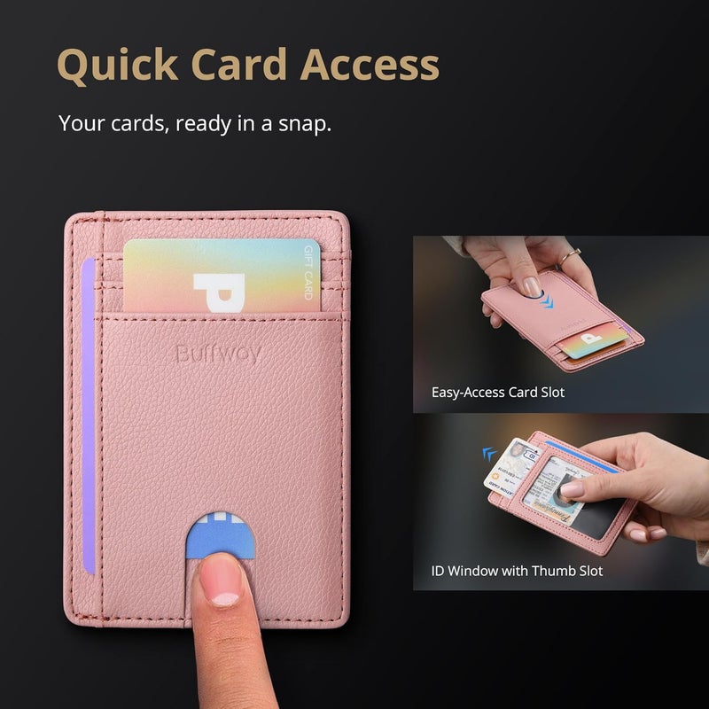 Buffway Slim Minimalist Front Pocket RFID Blocking Leather Wallets for Men and Women - Lichee Pink - Image 3