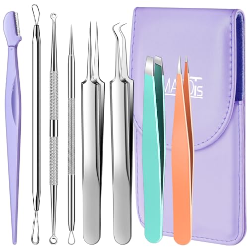 TsMADDTs Blackhead Remover Tools and Ingrown Hair Tweezers 9PCS Pimple Popper Tool Kit Ingrown Hair Removal Kit with Pimple Extractor Pore Extractor Tweezers Razor