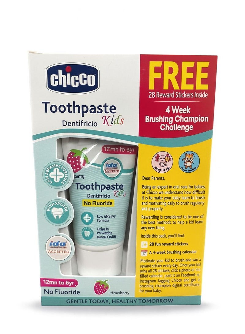 Chicco Toothpaste for Kids, Best for Baby (1y-6y), Strawberry Flavour, 50g | Fluoride-Free & Low Abrasive | Removes Plaque, Helps Prevent Cavities - Image 1