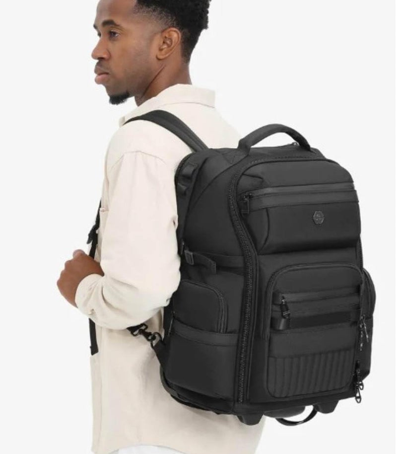 OZUKO حقيبة ظهر متدحرجة للكمبيوتر المحمول للسفر بتصميم عربة تحت المقعد مصنوعة من قماش أكسفورد المقاوم للماء تناسب كمبيوتر محمول بحجم 14 بوصة، أسود - Image 2