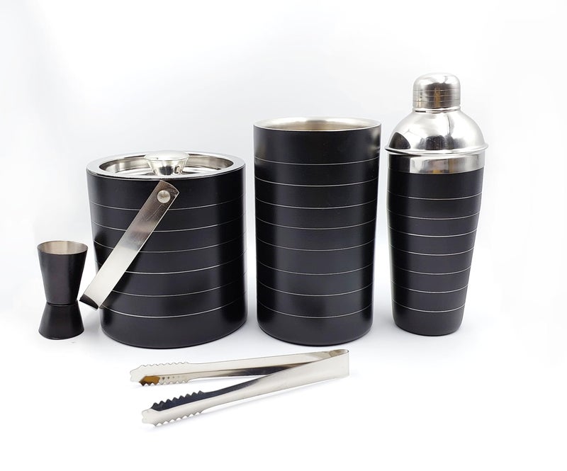 EVK® Full Bar Set - Cocktail Shaker, Black Ring Double Wall Ice Bucket, Wine Cooler, Peg Measurer & Ice Tong Home Bar Accessories Made of Stainless Steel Perfect Bartending Kit - Image 1