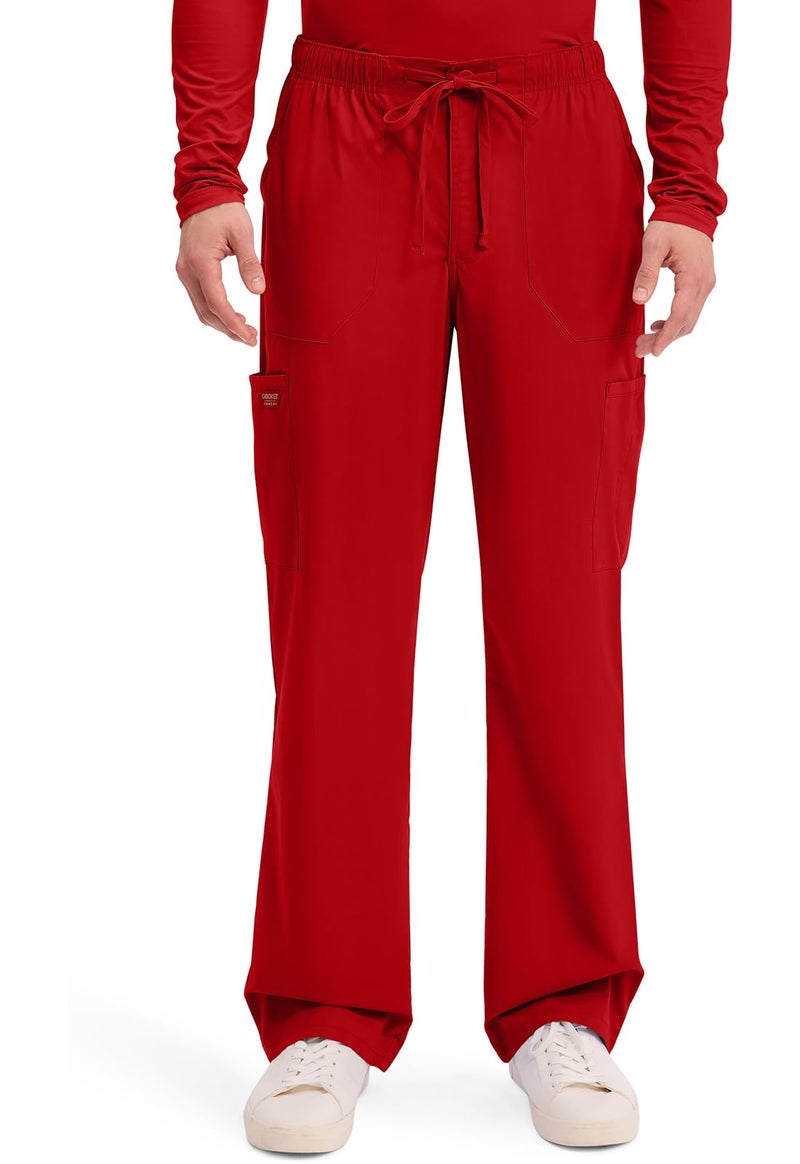 Cherokee Scrubs for Men Tapered Leg Cargo Scrub Pants with Zip Fly, 5 Pockets Elastic Waist 2-Way Stretch & Easy Care - WW190, L, Red