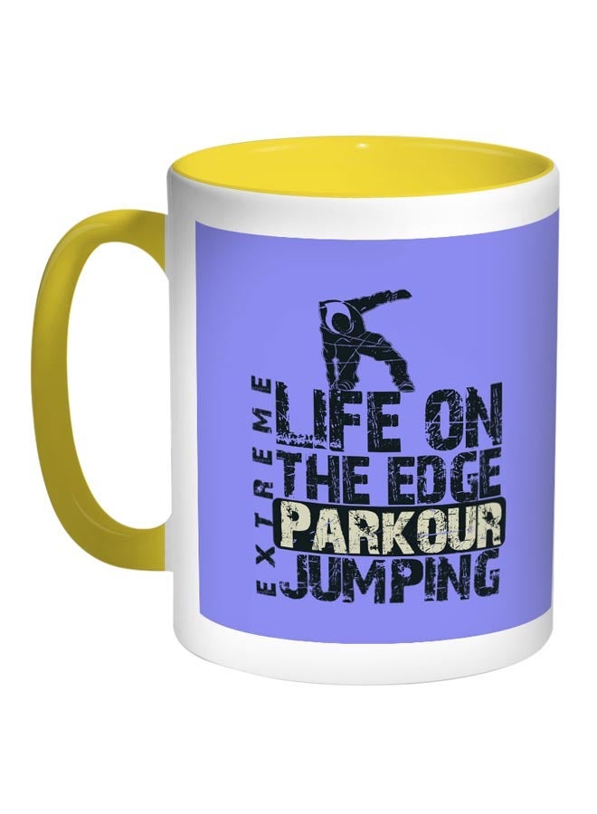Life on the Edge Jumping Printed Coffee Mug Blue/White/Yellow 11ounce
