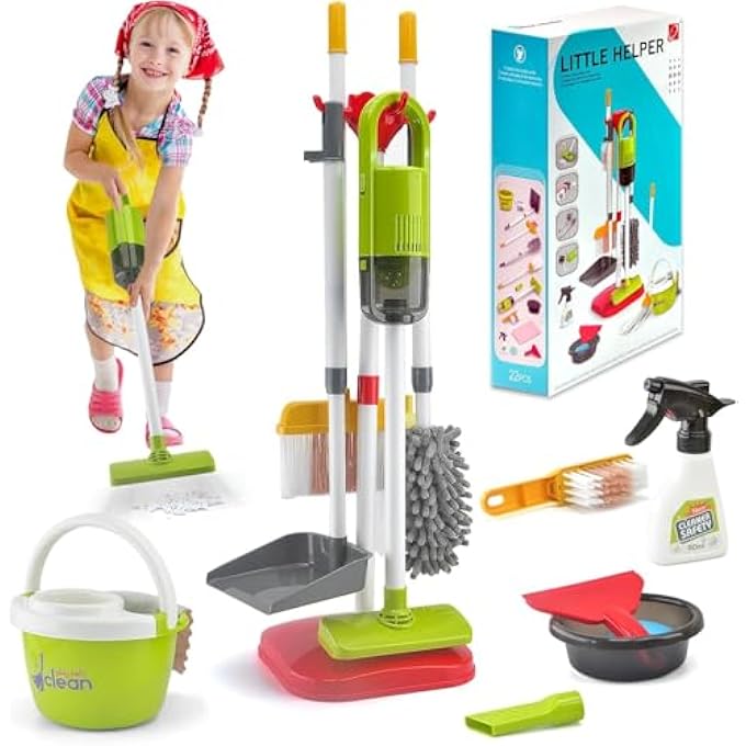 KIDS CLEANING TOY SET, 14PCS PRETEND PLAY HOME CLEANING PLAYSET - INCL. 2-IN-1 ELECTRIC TOY VACUUM, BROOM AND DUSTPAN SET, MOP,DUSTER AND MORE, SWEEP PLAY TOYS FOR BOYS GIRLS (RED) - Image 1