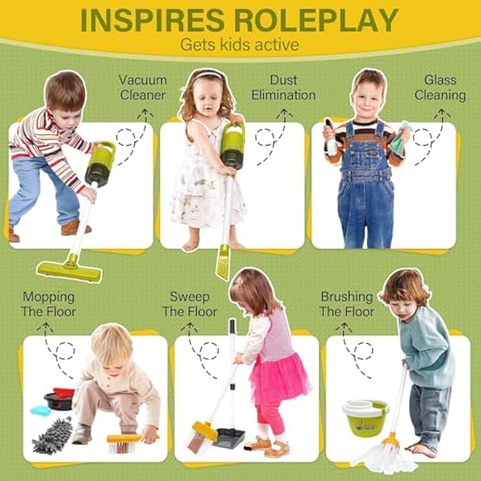 KIDS CLEANING TOY SET, 14PCS PRETEND PLAY HOME CLEANING PLAYSET - INCL. 2-IN-1 ELECTRIC TOY VACUUM, BROOM AND DUSTPAN SET, MOP,DUSTER AND MORE, SWEEP PLAY TOYS FOR BOYS GIRLS (RED) - Image 3