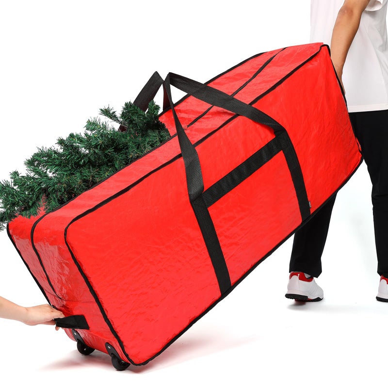 HOMEST Christmas Tree Storage Bag Fits for 675 ft Xmas Artificials Zippered Box with Reinforced Carrying Handles and Wheels Red Bag Only