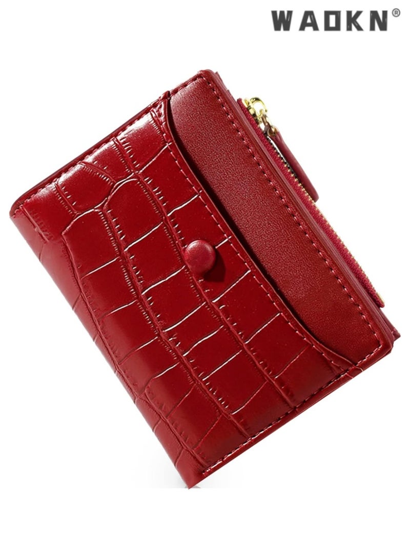 دبليو أيه أو كي أن Bifold محافظ السيدات المدمجة / أزياء منقوشة نسيج محافظ السيدات الكلاسيكية / هدايا عيد ميلاد حزب السيدات محافظ مريحة ( الأحمر ) - Image 1