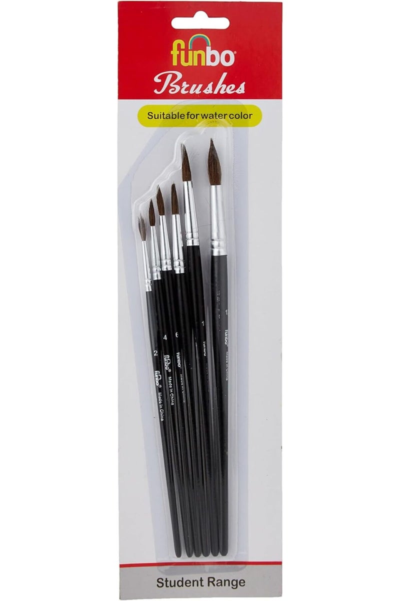 Funbo Short Round Water Color Brush Set 6-Pieces, No. 2, 4, 6, 8, 10, 12 - Image 2