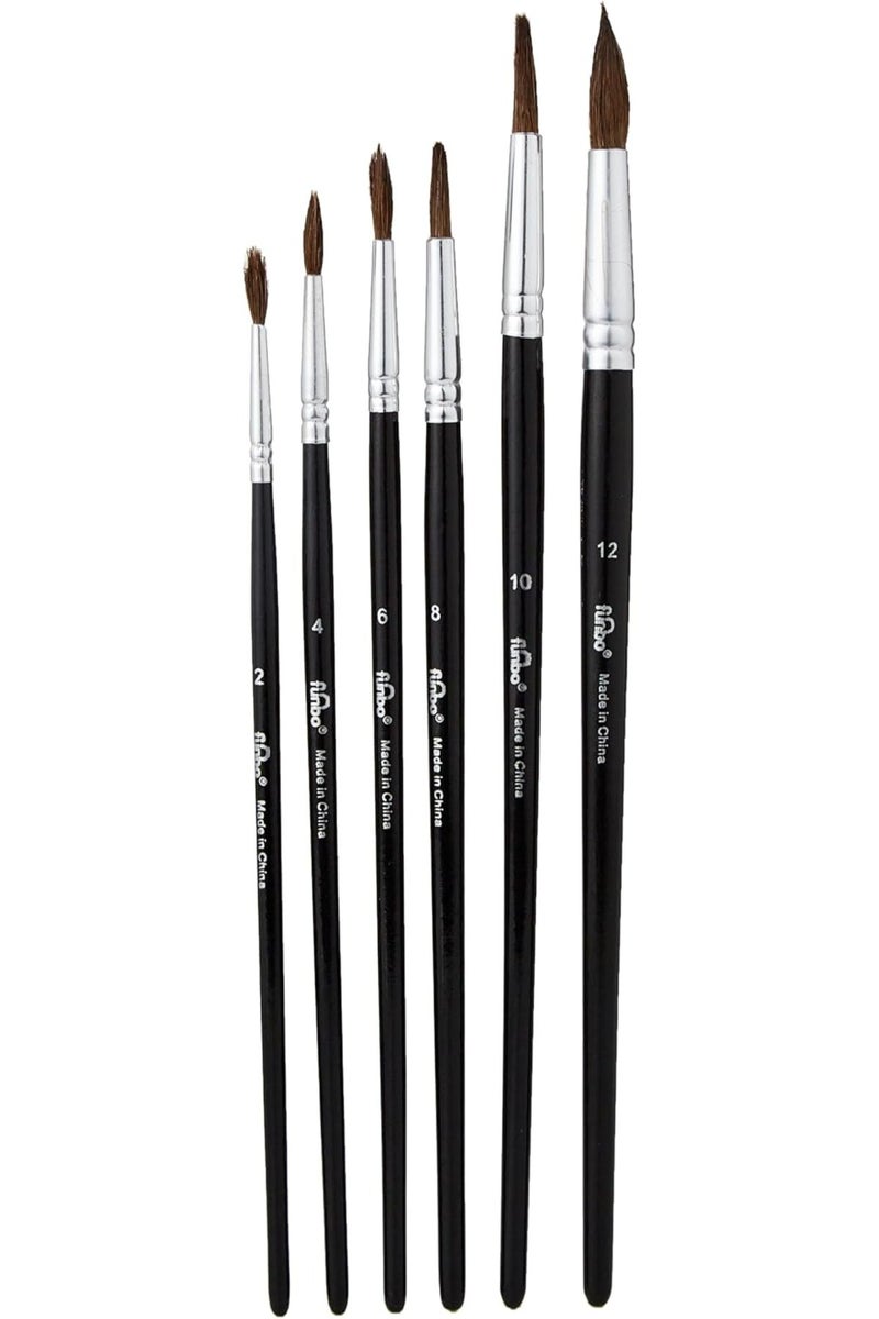 Funbo Short Round Water Color Brush Set 6-Pieces, No. 2, 4, 6, 8, 10, 12 - Image 1
