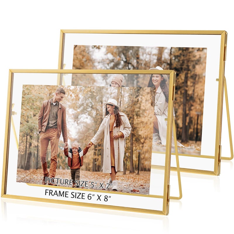 Jajamy Set of 2 Gold Floating Picture Frame for 5x7 Photos Glass Pressed Picture Frames Horizontal Standing Tabletop Glass Floating Frame for Home Decor
