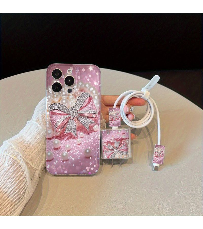 Phone Case 5pcs Set Including Transparent Pearl Bow Design Charger Head Cover Cable Protector And Storage Strap TPU Shockproof Case Mix Color 5 Compatible With IPhone 16 Plus - Image 2