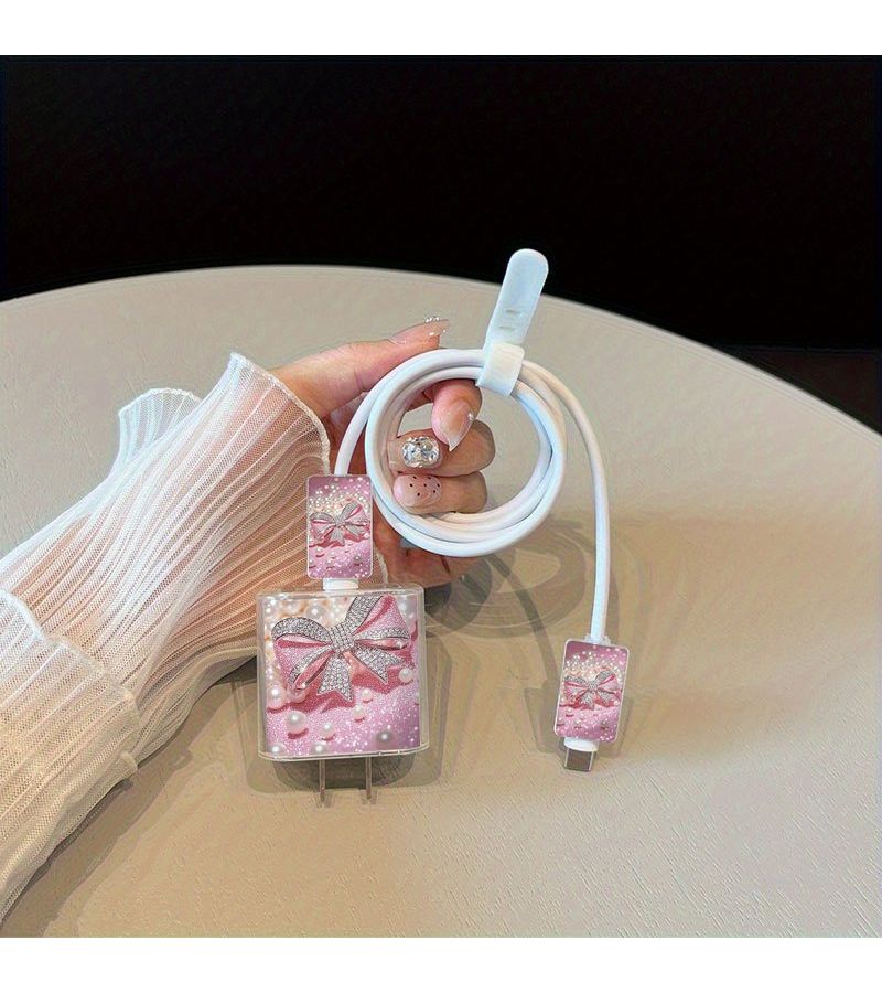 Phone Case 5pcs Set Including Transparent Pearl Bow Design Charger Head Cover Cable Protector And Storage Strap TPU Shockproof Case Mix Color 5 Compatible With IPhone 16 Plus - Image 4