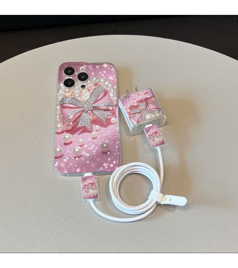 Phone Case 5pcs Set Including Transparent Pearl Bow Design Charger Head Cover Cable Protector And Storage Strap TPU Shockproof Case Mix Color 5 Compatible With IPhone 16 Plus - Image 1