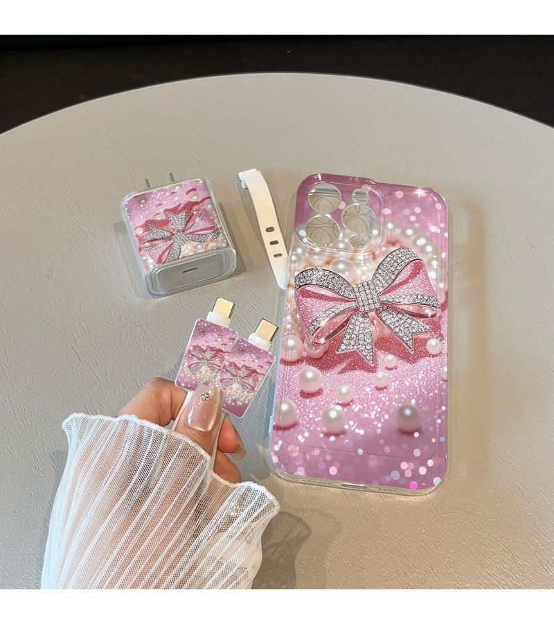 Phone Case 5pcs Set Including Transparent Pearl Bow Design Charger Head Cover Cable Protector And Storage Strap TPU Shockproof Case Mix Color 5 Compatible With IPhone 16 Plus - Image 3