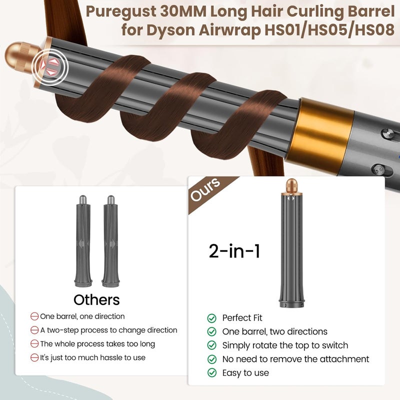 PUREGUST 1.2IN Long Hair Barrels Attachment Compatible with Dyson Airwrap HS01 HS05 HS08 Accessories, Automatic Curling Iron Curlers for Soft Inward Curls Voluminous Outward Waves - Image 3