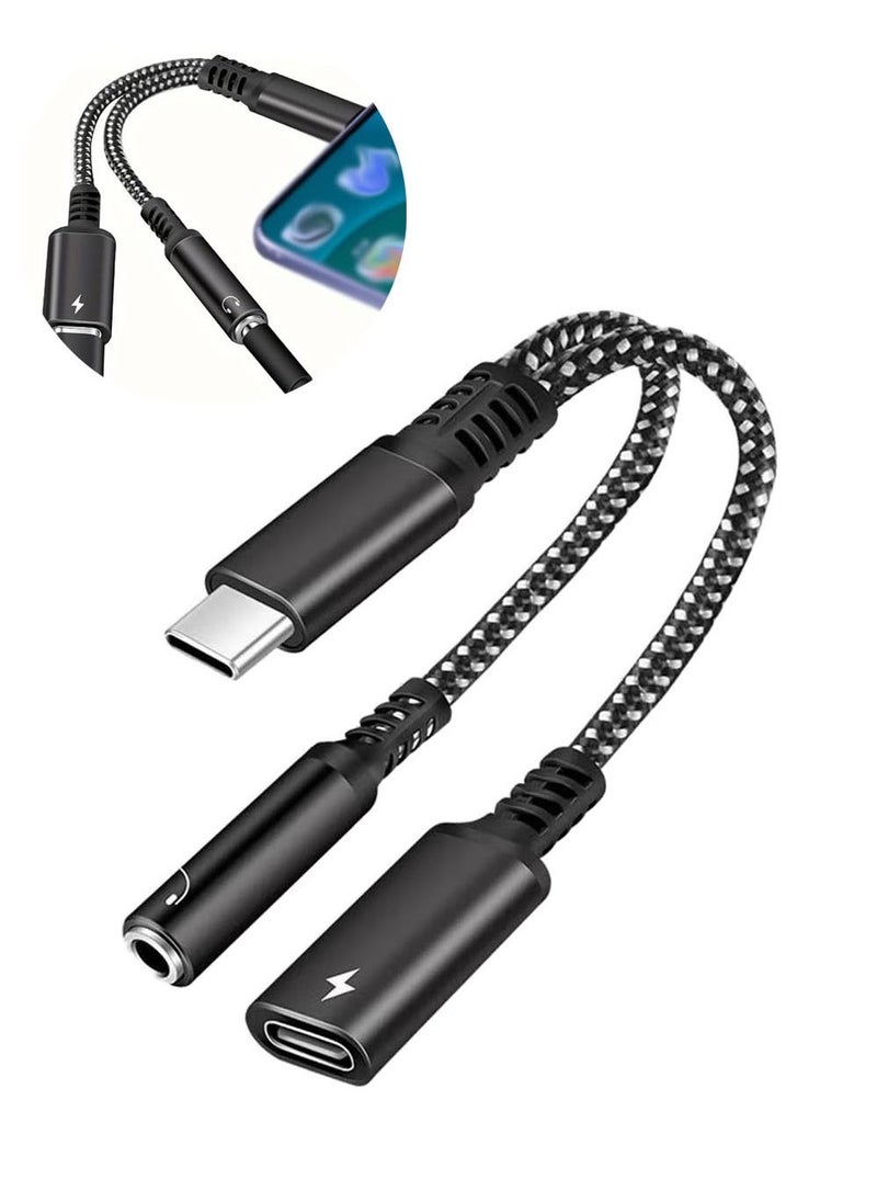 يوجي محول سماعة رأس وشاحن USB من النوع C إلى 3.5 ملم، ومقبس سماعة رأس 2 في 1 USB من النوع C إلى 3.5 ملم وكابل محول شحن من النوع C متوافق مع iPhone 15/14، وGalaxy S24 S23 S22  - Image 1