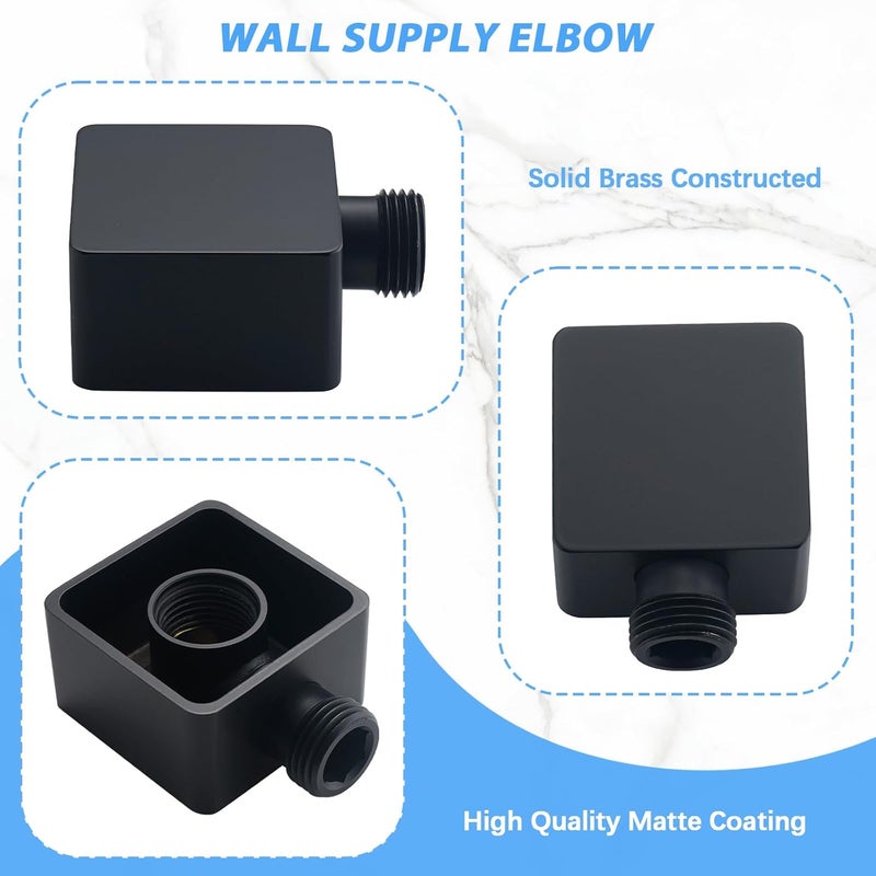 UCLIMAA Wall Supply Elbow for Handshower, Brass Square Wall Mount Shower Hose Connectorm1/2"for Handheld Hand Shower-Matte Black - Image 5
