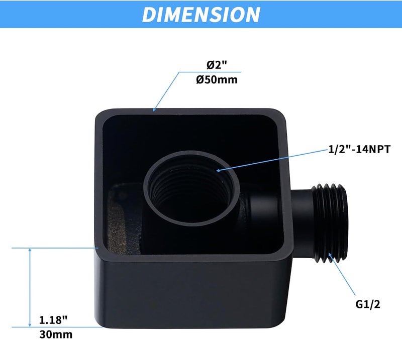 UCLIMAA Wall Supply Elbow for Handshower, Brass Square Wall Mount Shower Hose Connectorm1/2"for Handheld Hand Shower-Matte Black - Image 4