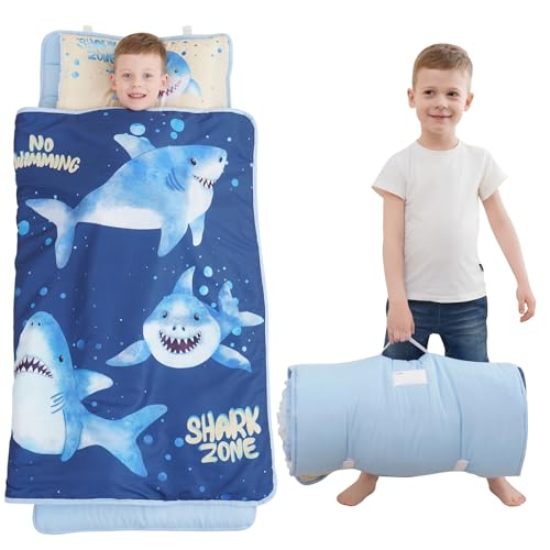 Cokouchyi Extra Large Toddler Nap mat by Cokouchyi Toddler Sleeping Bag with Removable Pillow Measures 53 x 21 x 15 Inches Sleeping Mat for Boys Ideal for Daycare and Preschool Kindergarten Shark Zone - Image 1