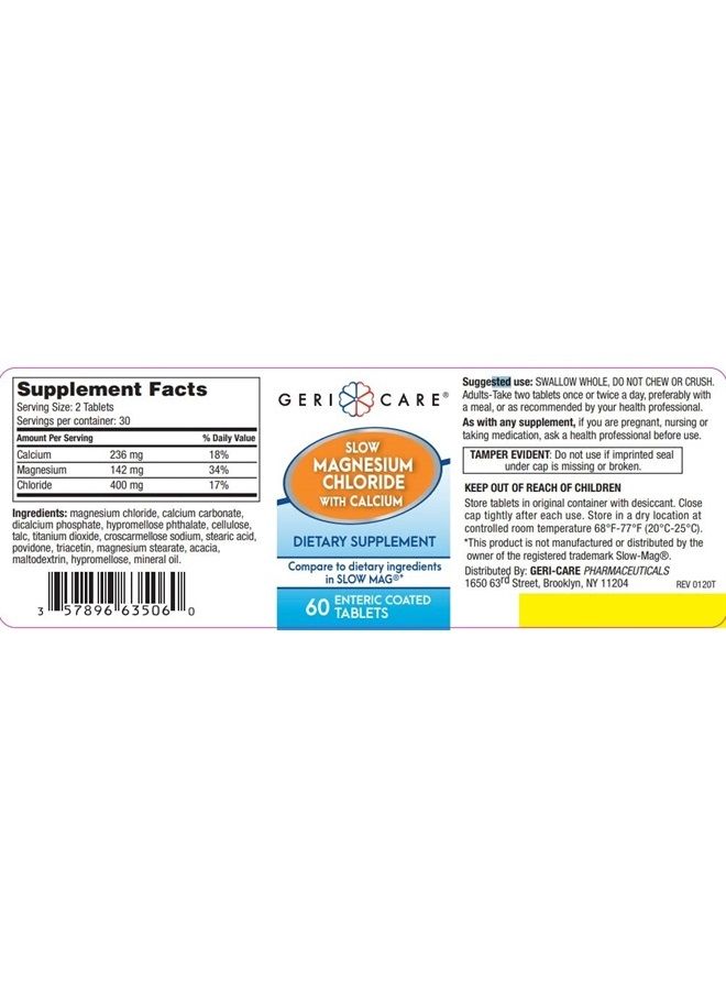 GeriCare Slow Magnesium Chloride + Calcium Tablets by Geri-Care | Nutritional Supplement | 60 Count Bottle 