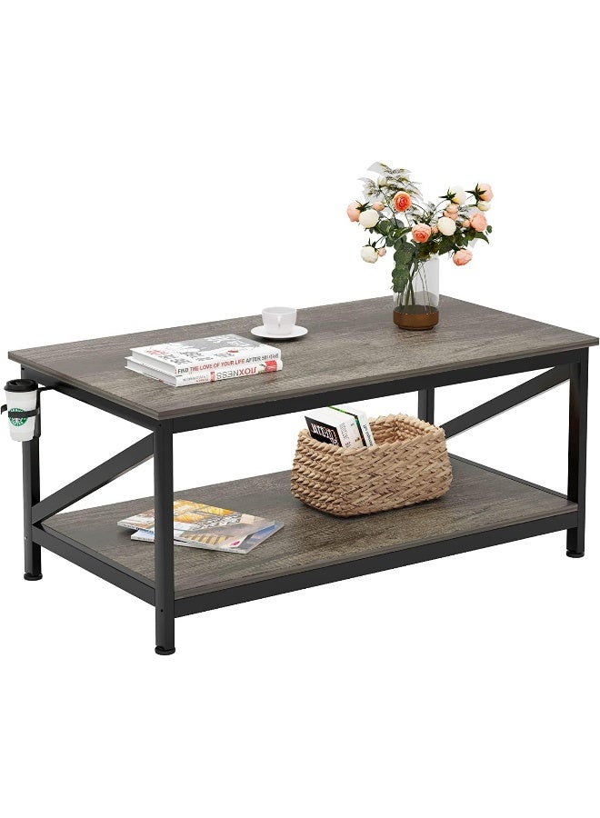 SKY-TOUCH طاولة قهوة مع رف تخزين طاولة مركزية حديثة مع 2 رفوف، أرجل طاولة معدنية سوداء، سطح طاولة خشبي وإطار معدني، طاولة قهوة خشبية صناعية 114x62.5x7.5 سم - Image 1