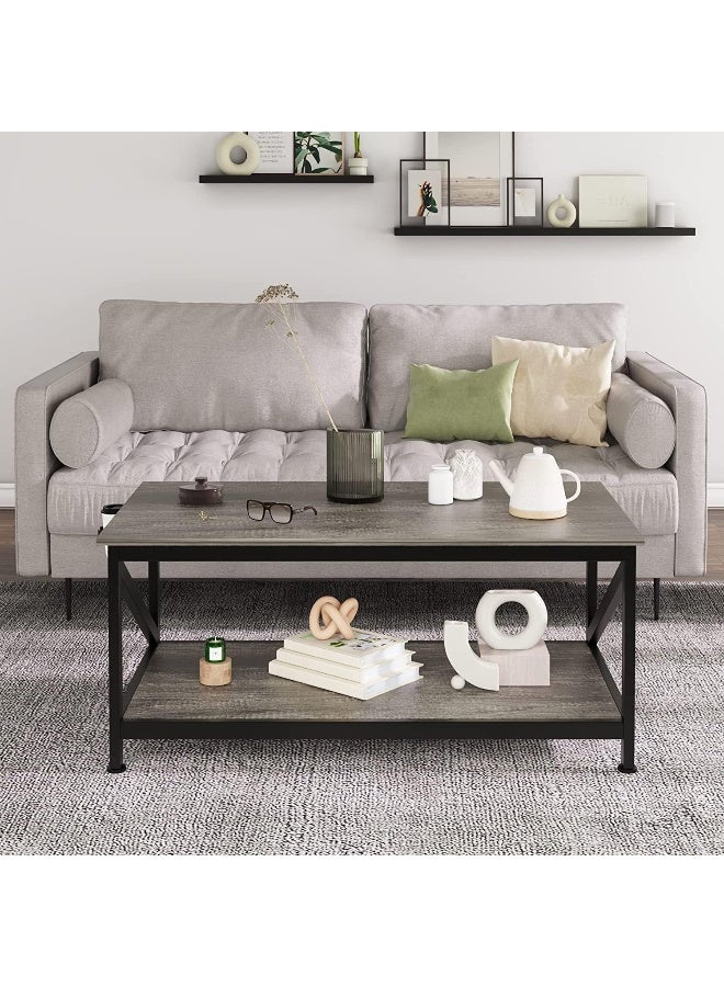 SKY-TOUCH طاولة قهوة مع رف تخزين طاولة مركزية حديثة مع 2 رفوف، أرجل طاولة معدنية سوداء، سطح طاولة خشبي وإطار معدني، طاولة قهوة خشبية صناعية 114x62.5x7.5 سم - Image 2