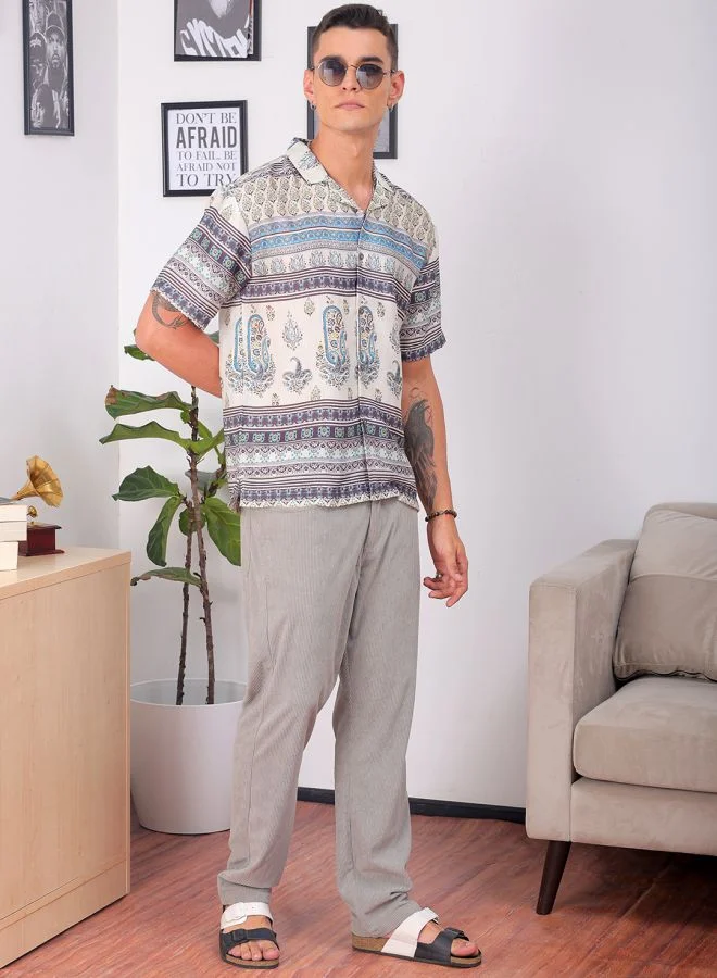 The Indian Garage Co Men Relaxed Fit Indie Printed Half Sleeves Cuban Collar Resort Wear Shirt