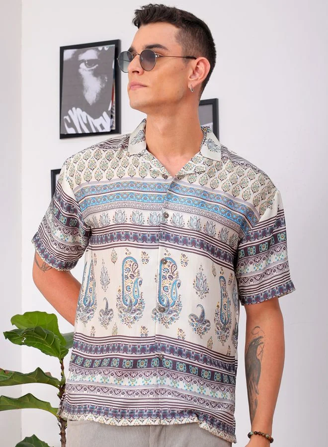 The Indian Garage Co Men Relaxed Fit Indie Printed Half Sleeves Cuban Collar Resort Wear Shirt