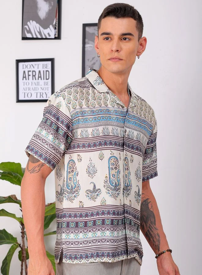 The Indian Garage Co Men Relaxed Fit Indie Printed Half Sleeves Cuban Collar Resort Wear Shirt